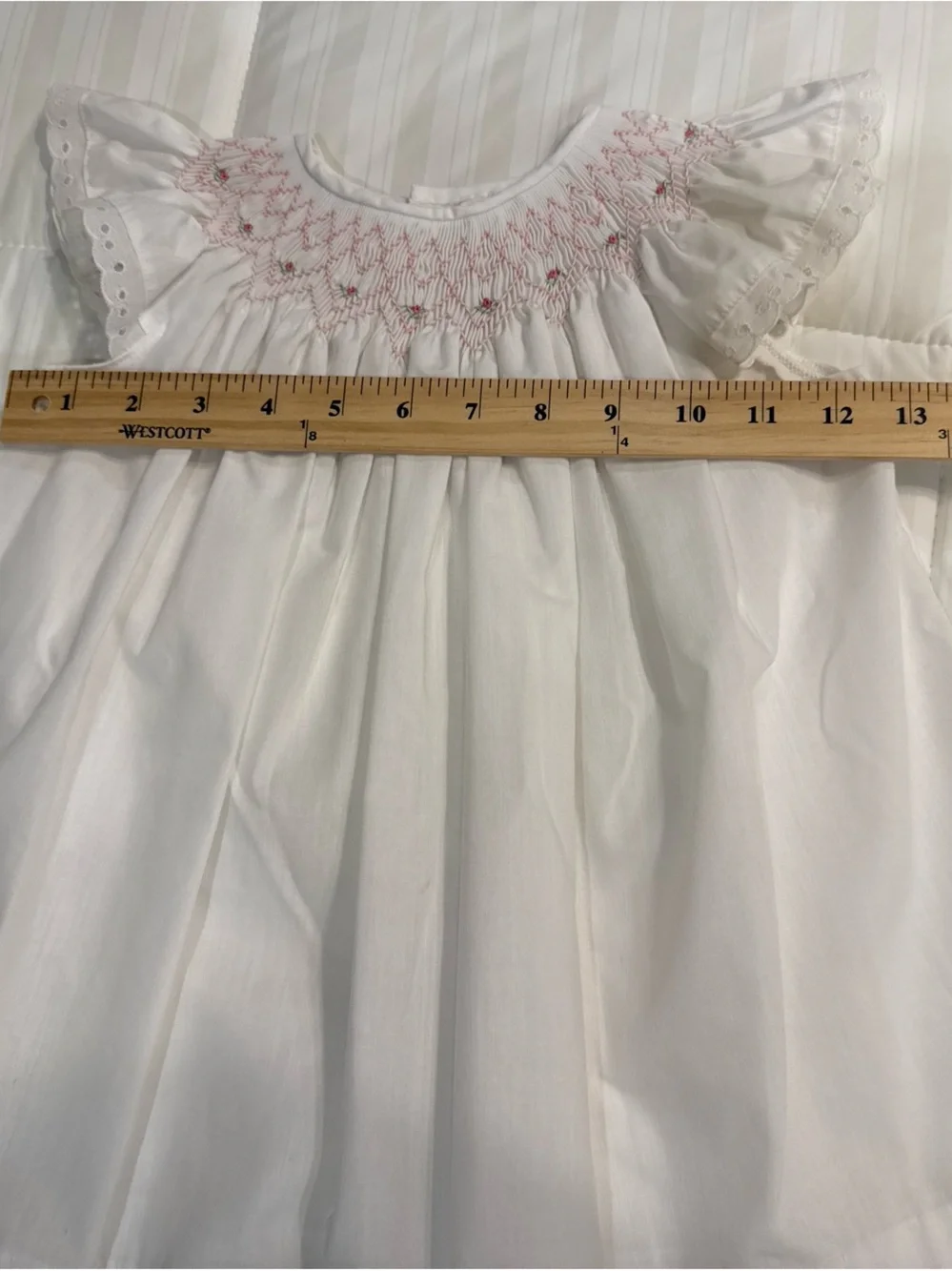 Vintage Handmade Baby Girls White Pink Smocked Embroidered Lace Flutter Dress